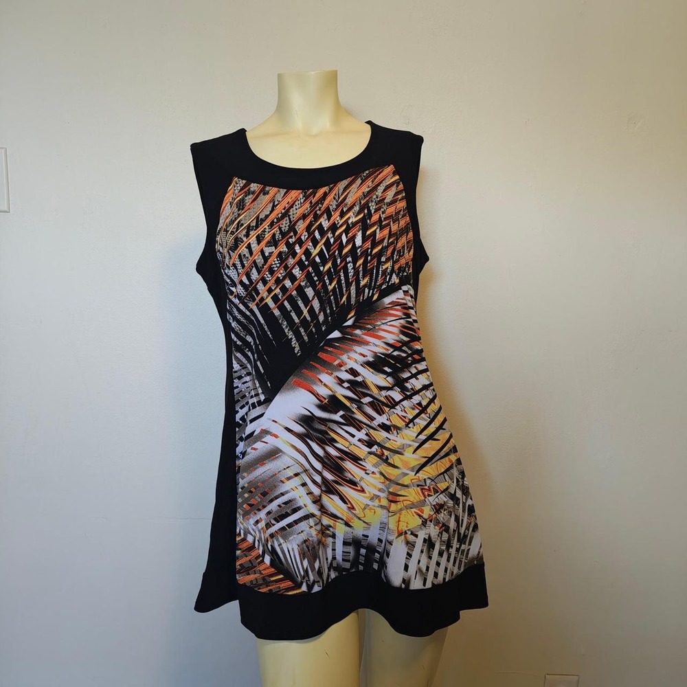 Bali Women Abstract Print Sleeveless Dress Black Orange Boho Flowy XL